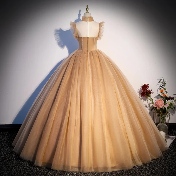 Eleganta Champagne Rhinestone Balklänningar 2023 Balklänning Hög Hals Ärmlös Långa Bal Formella Klänningar