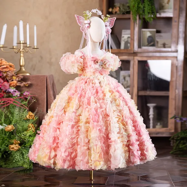 Flower Fairy Blushing Pink Appliques Birthday Flower Girl Dresses 2025 Ball Gown Pearl Spaghetti Straps Puffy Short Sleeve Backless Floor-Length / Long