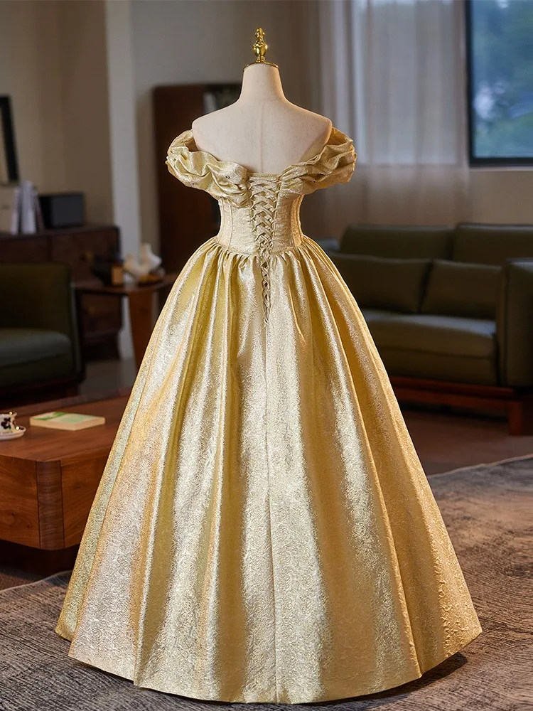 Demure Gold Prom Dresses 2025 A-Line Princess Off-The-Shoulder Short Sleeve Backless Demure Gold Prom Dresses 2025 A-Line Princess Off-The-Shoulder Short Sleeve Backless