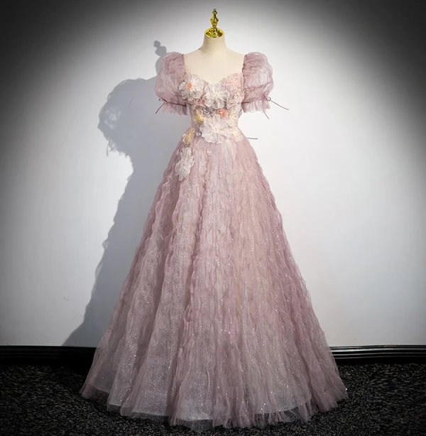 Chic / Belle Rougissant Rose Glitter Appliques Volants Robe De Bal 2024 Princesse Encolure Carrée Manches Courtes Dos Nu Longue Promo Robe De Ceremonie
