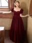 Chic / Beautiful Burgundy Pearl Prom Dresses 2025 A-Line / Princess Square Neckline Puffy Short Sleeve Backless Floor-Length / Long Formal Dresses