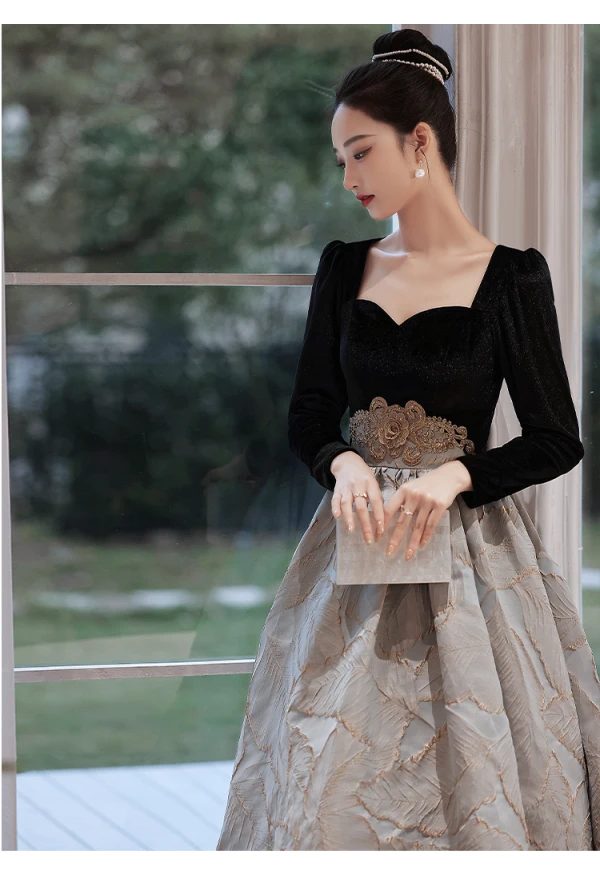 Chic / Beautiful Black Suede Prom Dresses 2022 A-Line / Princess Square Neckline Rhinestone Long Sleeve Floor-Length / Long Formal Dresses