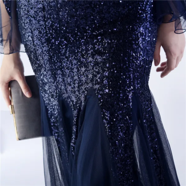 Sparkly Black Sequins Evening Dresses 2024 Trumpet / Mermaid V-Neck Bell sleeves Backless Floor-Length / Long Evening Party Formal Dresses