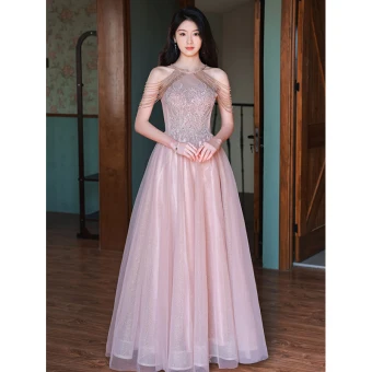 Chic Belle Rougissant Rose Robe De Bal 2022 Princesse Titulaire Perlage Gland Paillettes En Dentelle Fleur Sans Manches Dos Nu Longue Robe De Ceremonie