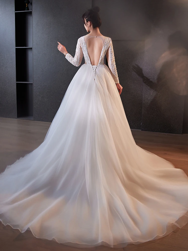 blue dress for baby girl Lace Backless A-Line Long Sleeves Wedding Dresses, MW552