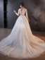 Elegant White Lace Flower Wedding Dresses 2024 A-Line / Princess Deep V-Neck Long Sleeve Backless Floor-Length / Long Wedding