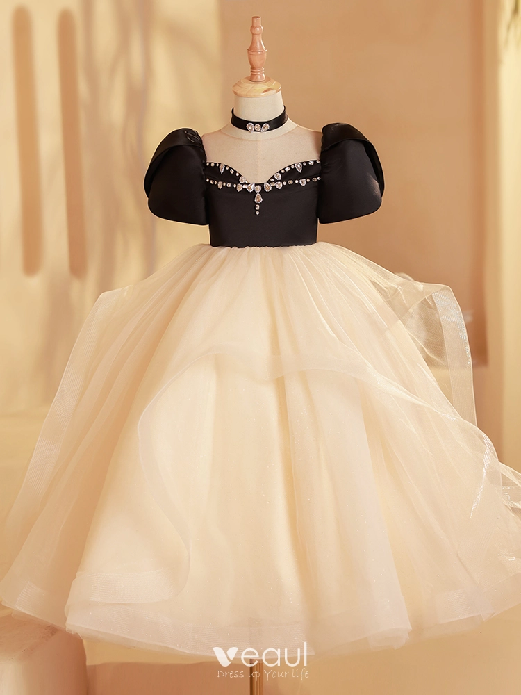 Elegant Black Rhinestone Birthday Flower Girl Dresses 2024 Ball Gown Scoop Neck Puffy Short Sleeve Backless Floor Length Long Elegant Black Rhinestone Birthday Flower Girl Dresses 2024 Ball Gown Scoop Neck Puffy Short Sleeve Backless Floor Length Long