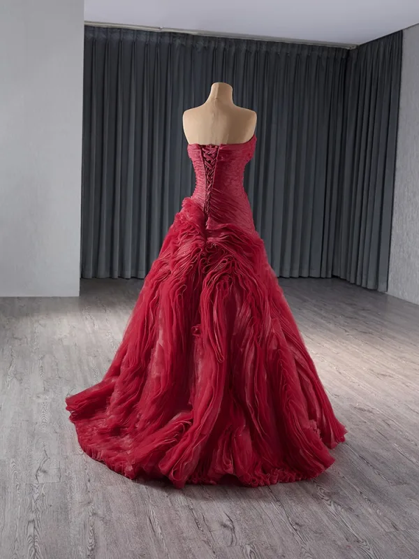 High-end Burgundy Pleated Prom Dresses 2024 Ball Gown Strapless Sleeveless Backless Floor-Length / Long Prom Formal Dresses
