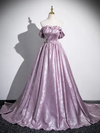 Elegantes Rosa Clara Rebordear Glitter Vestidos De Gala 2025 A Line Princess Fuera Del Hombro Manga Corta Sin Espalda Colas De Barrido Gala Vestidos Formales