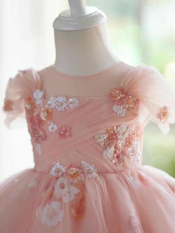 Chic / Belle Rougissant Rose Appliques Paillettes Anniversaire Robe Ceremonie Fille Robe Ceremonie Fille 2024 Robe Boule Tulle Encolure Dégagée Courte Mancherons
