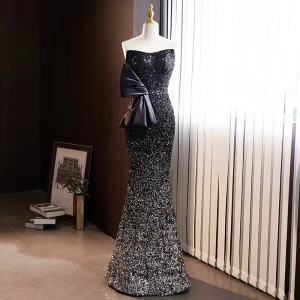 Sexy Black Sequins Evening Dresses 2023 Trumpet Mermaid Strapless Bow Sleeveless Backless Floor Length Long Evening Party Formal Dresses