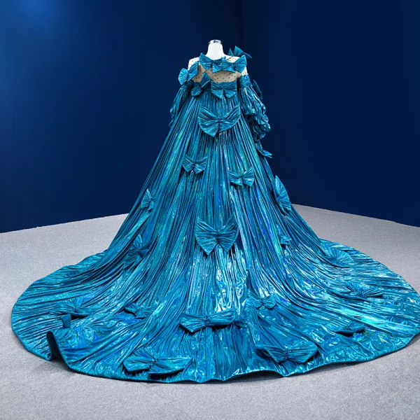 Luxury / Gorgeous Ocean Blue Beading Pearl Sequins Bow Pierced Prom Dresses 2022 Trumpet / Mermaid Scoop Neck Long Sleeve Backless Royal Train Prom Formal Dresses