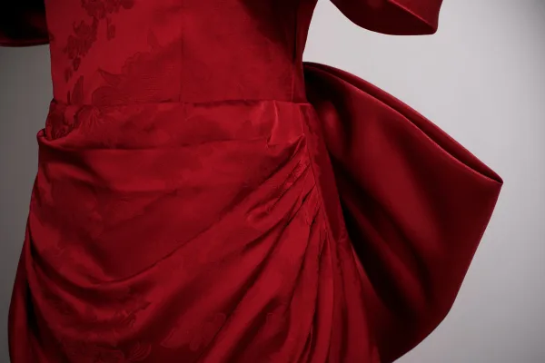 Elegant Burgundy Satin Prom Dresses 2025 A-Line / Princess Off-The-Shoulder Short Sleeve Backless Bow Sweep Train Formal Dresses