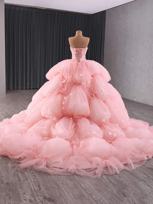 High-end Herlig Rødmende Rosa Gripende Ruffles Perle Appliques Brudekjoler 2024 Ballkjole Kjæreste Uten Ermer Ryggløse Domstol Tog Ball