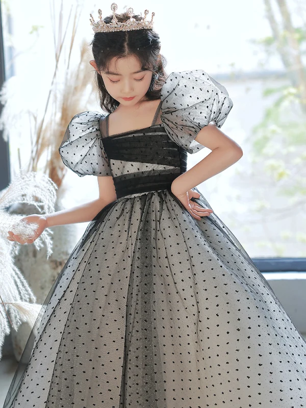 Fashion Black Spotted Evening Party Flower Girl Dresses 2022 A-Line / Princess Square Neckline Puffy Short Sleeve Floor-Length / Long Flower Girl Dresses