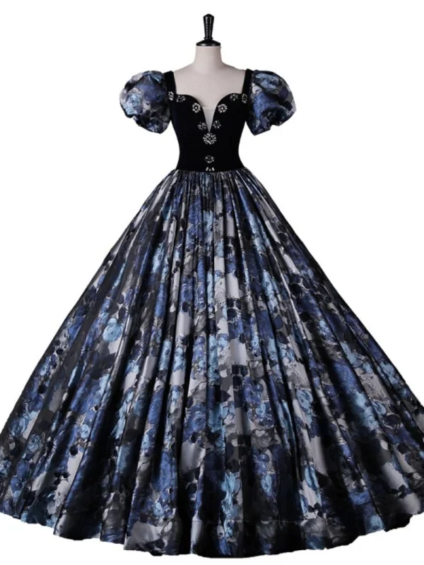 Vintage / Retro Navy Blue Floral Rhinestone Prom Dresses 2023 Ball Gown Square Neckline Short Sleeve Backless Floor-Length / Long Prom Formal Dresses