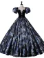 Vintage / Retro Navy Blue Floral Rhinestone Prom Dresses 2023 Ball Gown Square Neckline Short Sleeve Backless Floor-Length / Long Prom Formal Dresses