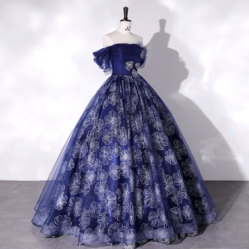 princess polly baby blue dress Navy Blue Off Shoulder Tulle with Velvet Long Party Dress, Blue Prom D –  Cutedressy main image 0