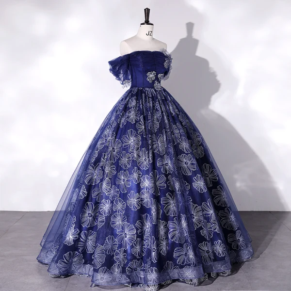 Vintage / Retro Navy Blue Prom Dresses 2022 Ball Gown Off-The-Shoulder Short Sleeve Backless Rhinestone Floor-Length / Long Prom Formal Dresses