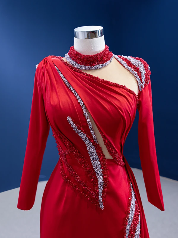 High-end Red Beading Pearl Sequins Evening Dresses Trumpet / Mermaid 2022 High Neck Long Sleeve Court Train Evening Party Formal Dresses
