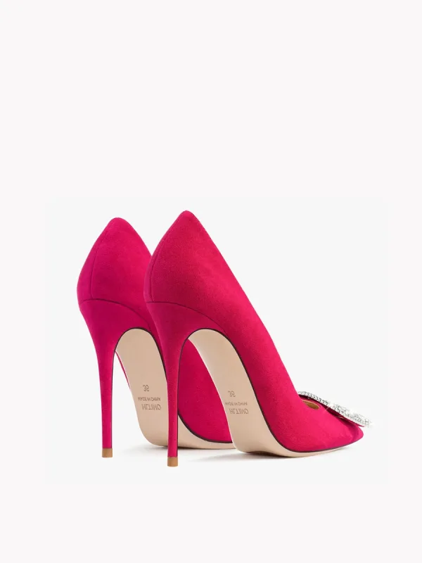 Inhabituel Fushia Daim Faux Diamant Promo Escarpins 2024 Cuir 10 cm Talons Aiguilles À Bout Pointu Escarpins Talons Hauts