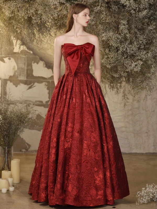 Chic / Beautiful Burgundy Printing Satin Prom Dresses 2024 Ball Gown Strapless Bow Sleeveless Backless Floor-Length / Long Prom Formal Dresses