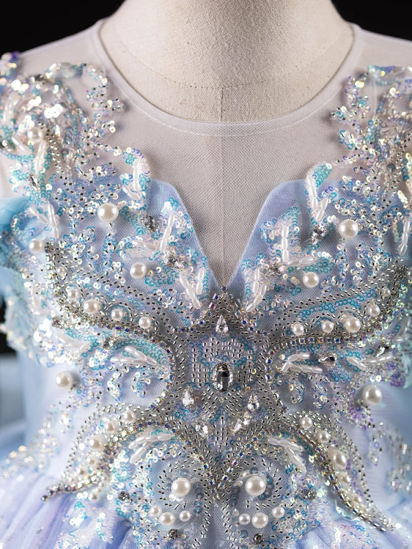 High-end Sky Blue Sequins Beading Pearl Birthday Flower Girl Dresses 2023 Ball Gown Scoop Neck Short Sleeve Backless Bow Floor-Length / Long