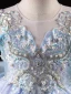 High-end Sky Blue Sequins Beading Pearl Birthday Flower Girl Dresses 2023 Ball Gown Scoop Neck Short Sleeve Backless Bow Floor-Length / Long