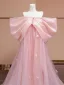 Lovely Candy Pink Bow Prom Dresses 2024 A-Line / Princess Off-The-Shoulder Short Sleeve Backless Sweep Train Prom Formal Dresses