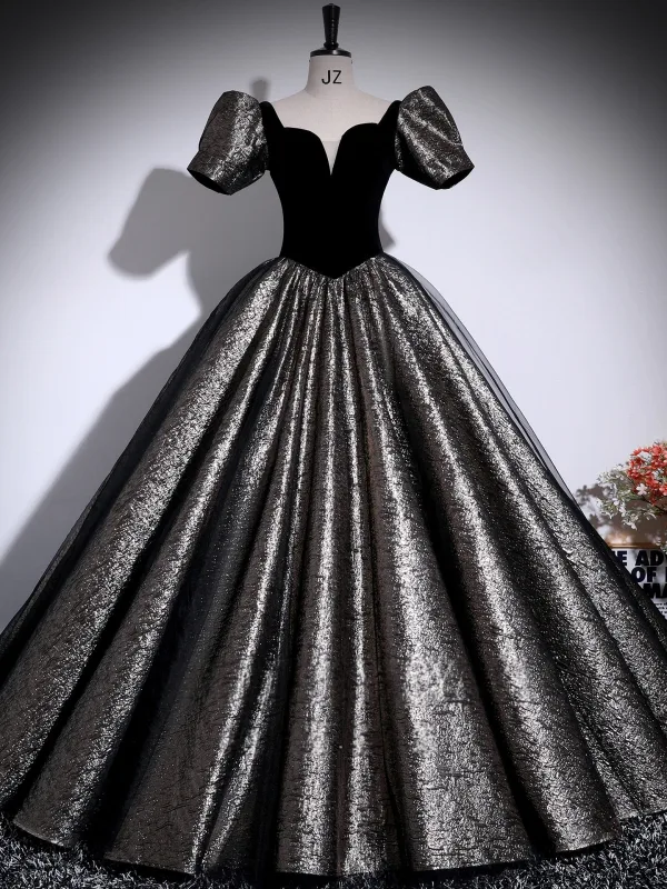 Vintage / Retro Black Glitter Prom Dresses 2025 Ball Gown Square Neckline Puffy Short Sleeve Backless Floor-Length / Long Formal Dresses