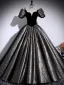 Vintage / Retro Black Glitter Prom Dresses 2025 Ball Gown Square Neckline Puffy Short Sleeve Backless Floor-Length / Long Formal Dresses