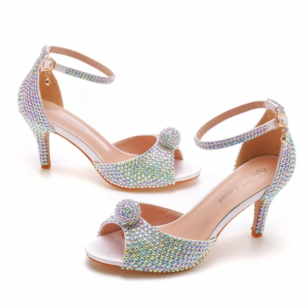 Sexy Multi-Couleurs Faux Diamant Soirée Sandales Femme 2023 Bride Cheville 7 cm Talons Aiguilles Peep Toes / Bout Ouvert Sandales Talons Hauts