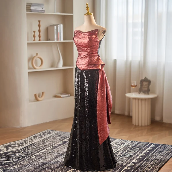 Bling Bling Watermelon Rouge Paillettes Robe De Soirée 2024 Trompette / Sirène Bustier Sans Manches Dos Nu Longue Soirée Robe De Ceremonie