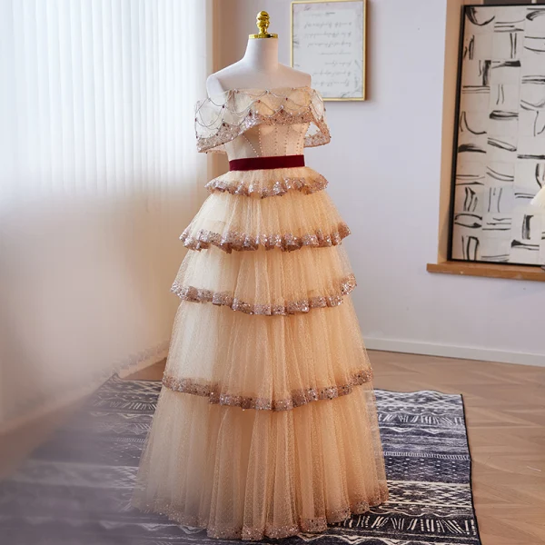 Charming Gold Beading Pearl Rhinestone Prom Dresses 2023 A-Line / Princess Off-The-Shoulder Short Sleeve Backless Floor-Length / Long Formal Dresses