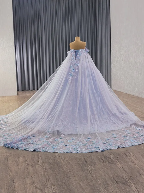 Haut de Gamme Bleu Ciel En Dentelle Papillon Perlage Paillettes Appliques Robe De Bal 2025 Robe Boule De l'épaule Manches Courtes Dos Nu Royal Train Tulle Robe De Ceremonie
