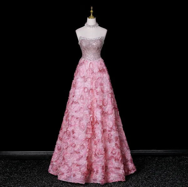 Flower Fairy Blushing Pink Beading Sequins Pearl Rhinestone Appliques Prom Dresses 2026 A-Line / Princess Off-The-Shoulder Short Sleeve Backless Floor-Length / Long Formal Dresses
