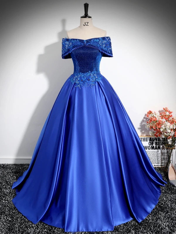 Vintage / Retro Royal Blue Beading Lace Flower Satin Prom Dresses 2024 Ball Gown Off-The-Shoulder Sleeveless Backless Floor-Length / Long Prom Formal Dresses