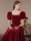 Elegant Burgundy Velvet Prom Dresses 2023 A-Line / Princess Rhinestone Square Neckline Short Sleeve Backless Floor-Length / Long Prom Formal Dresses
