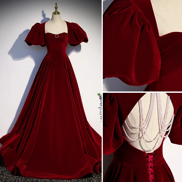Classy Burgundy Suede Prom Dresses 2022 A-Line / Princess Square Neckline Rhinestone Puffy Short Sleeve Backless Floor-Length / Long Prom Formal Dresses