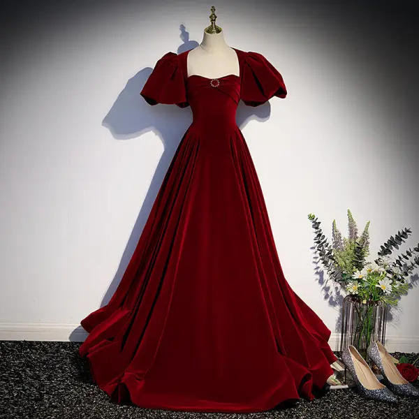 Classy Burgundy Suede Prom Dresses 2022 A-Line / Princess Square ...