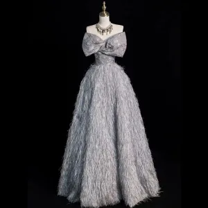 Charmant Argenté Glitter Gland Robe De Bal Princesse 2024 Bustier Noeud Sans Manches Dos Nu Longue Promo Robe De Ceremonie