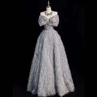 Charming Silver Glitter Tassel Prom Dresses A Line Princess 2024 Strapless Bow Sleeveless Backless Floor Length Long Prom Formal Dresses