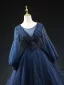 Vintage / Retro Navy Blue Beading Sequins Glitter Short Prom Dresses 2024 A-Line / Princess Scoop Neck Long Sleeve Backless Formal Dresses
