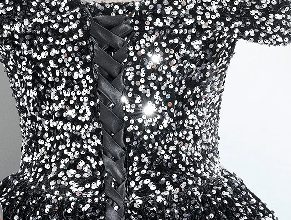 Scintillantes Noire Paillettes Robe De Bal 2024 Robe Boule De l'épaule Manches Courtes Dos Nu Longue Promo Robe De Ceremonie