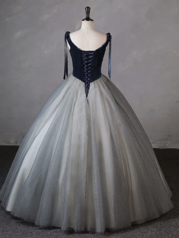 Chic / Beautiful Navy Blue Beading Prom Dresses 2023 Ball Gown V-Neck Sleeveless Backless Floor-Length / Long Prom Formal Dresses