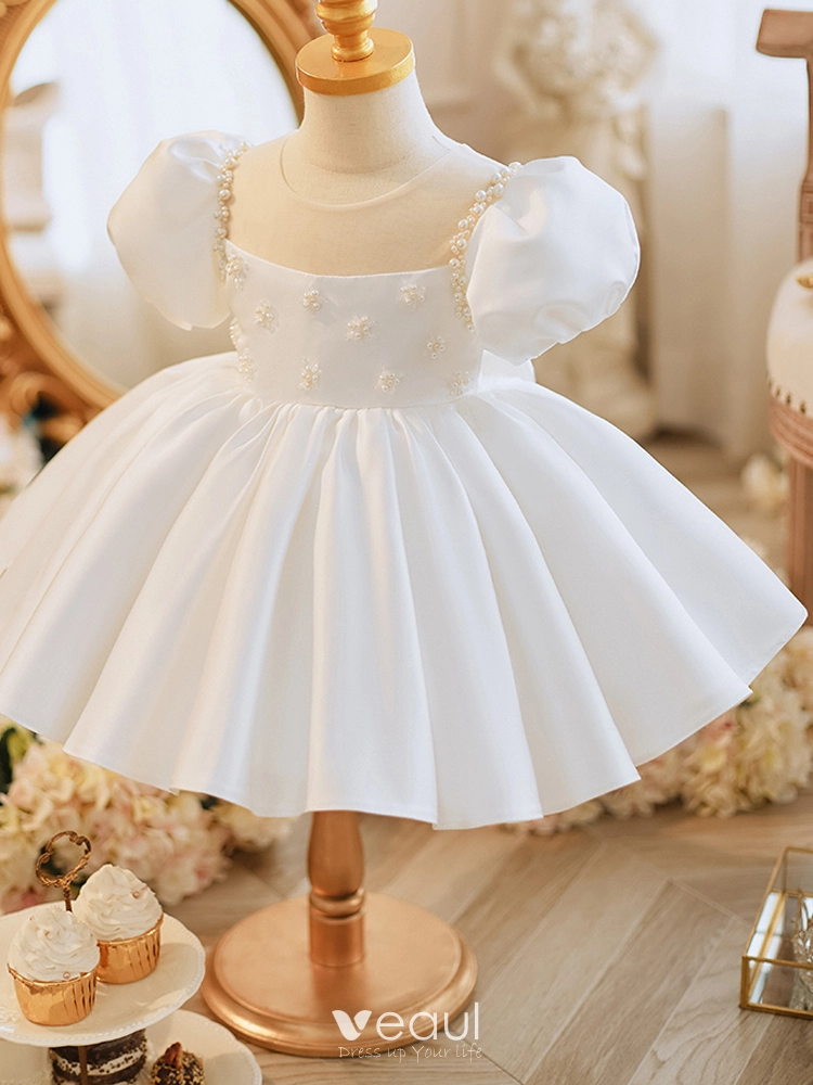 Elegant White Pearl Bow Short Birthday Flower Girl Dresses 2023 Ball Gown  Scoop Neck Puffy Short Sleeve