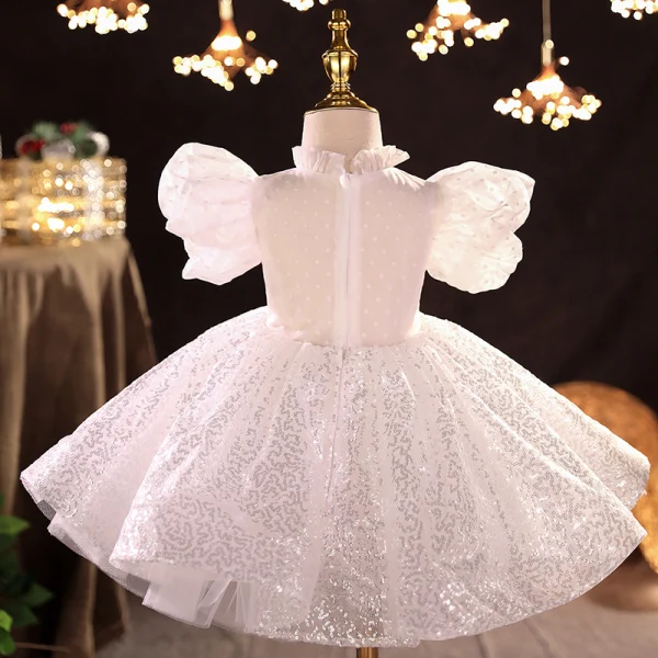 Charming White Beading Sequins Rhinestone Lace Flower Prom Flower Girl Dresses 2022 Ball Gown High Neck Puffy Short Sleeve Floor-Length / Long Flower Girl Dresses