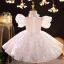 Charming White Beading Sequins Rhinestone Lace Flower Prom Flower Girl Dresses 2022 Ball Gown High Neck Puffy Short Sleeve Floor-Length / Long Flower Girl Dresses