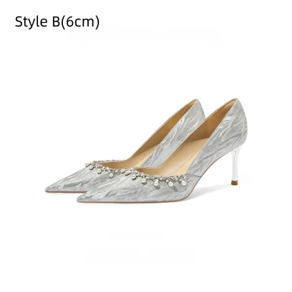 Charming Silver Rhinestone Pearl Leather Wedding Shoes 2026 8 cm Stiletto Heels Pointed Toe Wedding Pumps High Heels