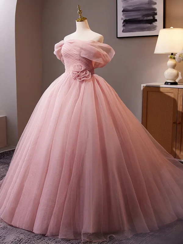 Elegant Blushing Pink Flower Prom Dresses 2024 Ball Gown Off-The-Shoulder Short Sleeve Backless Sweep Train Prom Formal Dresses